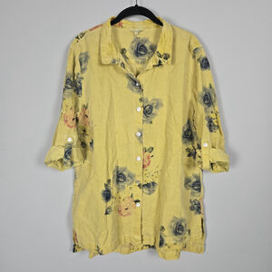 John Mark Womens Floral Linen Button Up Tunic Large Yellow Lagenlook Wire Collar